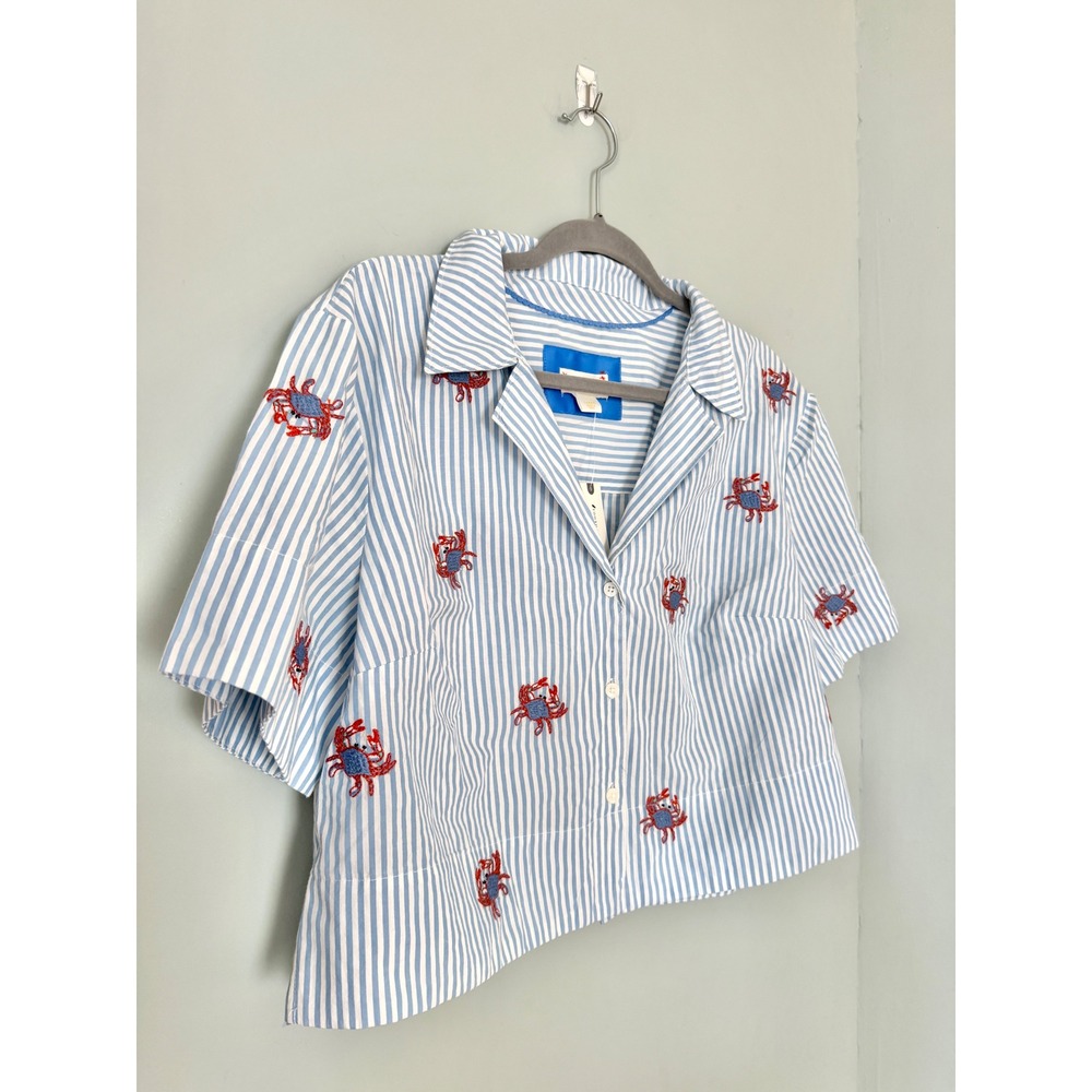 Maeve Blue White Striped Embroidered Cotton Crab Cropped Button Down Shirt L NWT - Picture 2 of 8